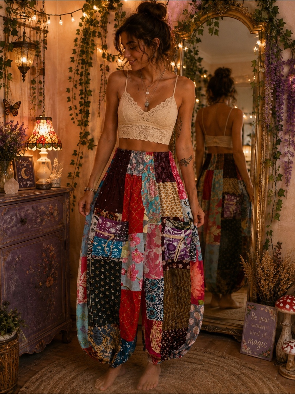 Bohemian Patchwork Balloon Skirt - Multicolor